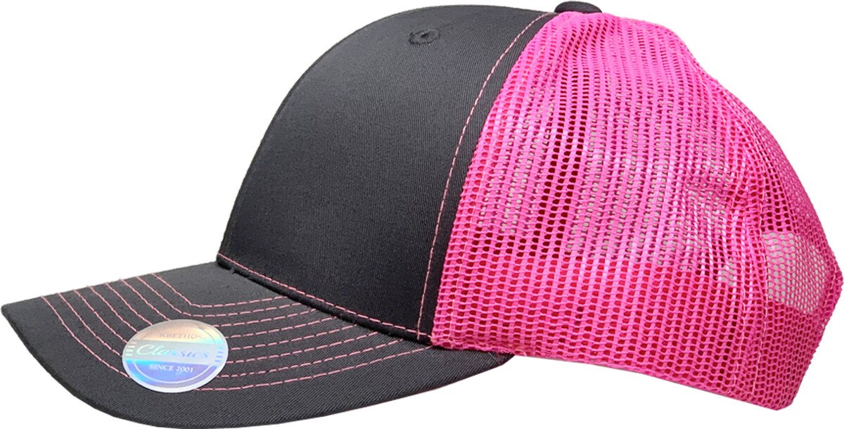 Dark Gray Neon Pink Two Tone Classic 6 Panel Trucker Mesh Snapback Side View